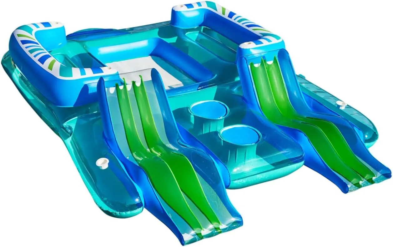 6-Person Inflatable Lake Island Float, 180 x 109 inches, with Cupholders and Cooler, Blue/Green