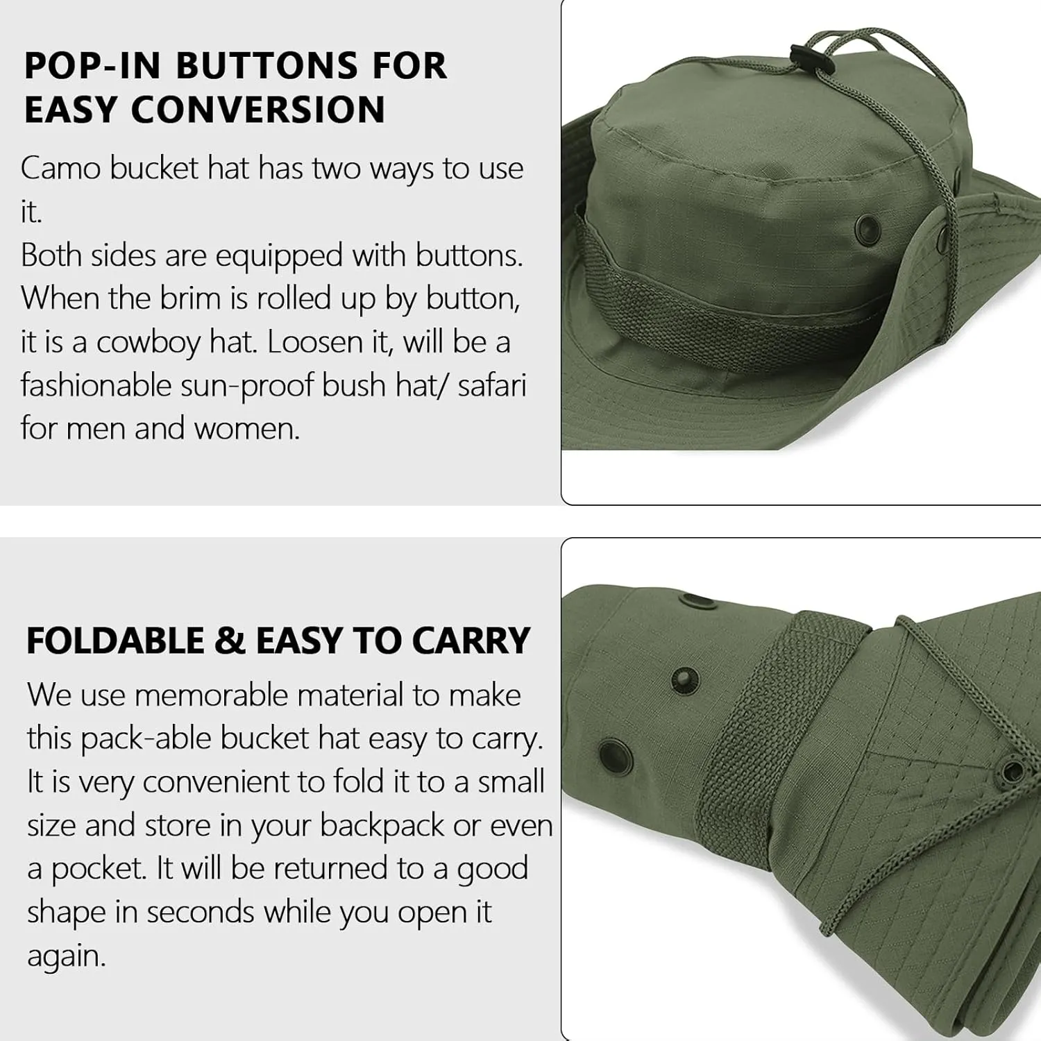 Camo Bucket Hat for Men Women - Outdoor Tactical Sun Wide Brim Boonie - Foldable Fishing