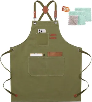 Chef Apron for Women Men with Large Pockets, Cotton Canvas Cross Back Waterproof Work Aprons for Kitchen Cooking Bib (Greygreen)
