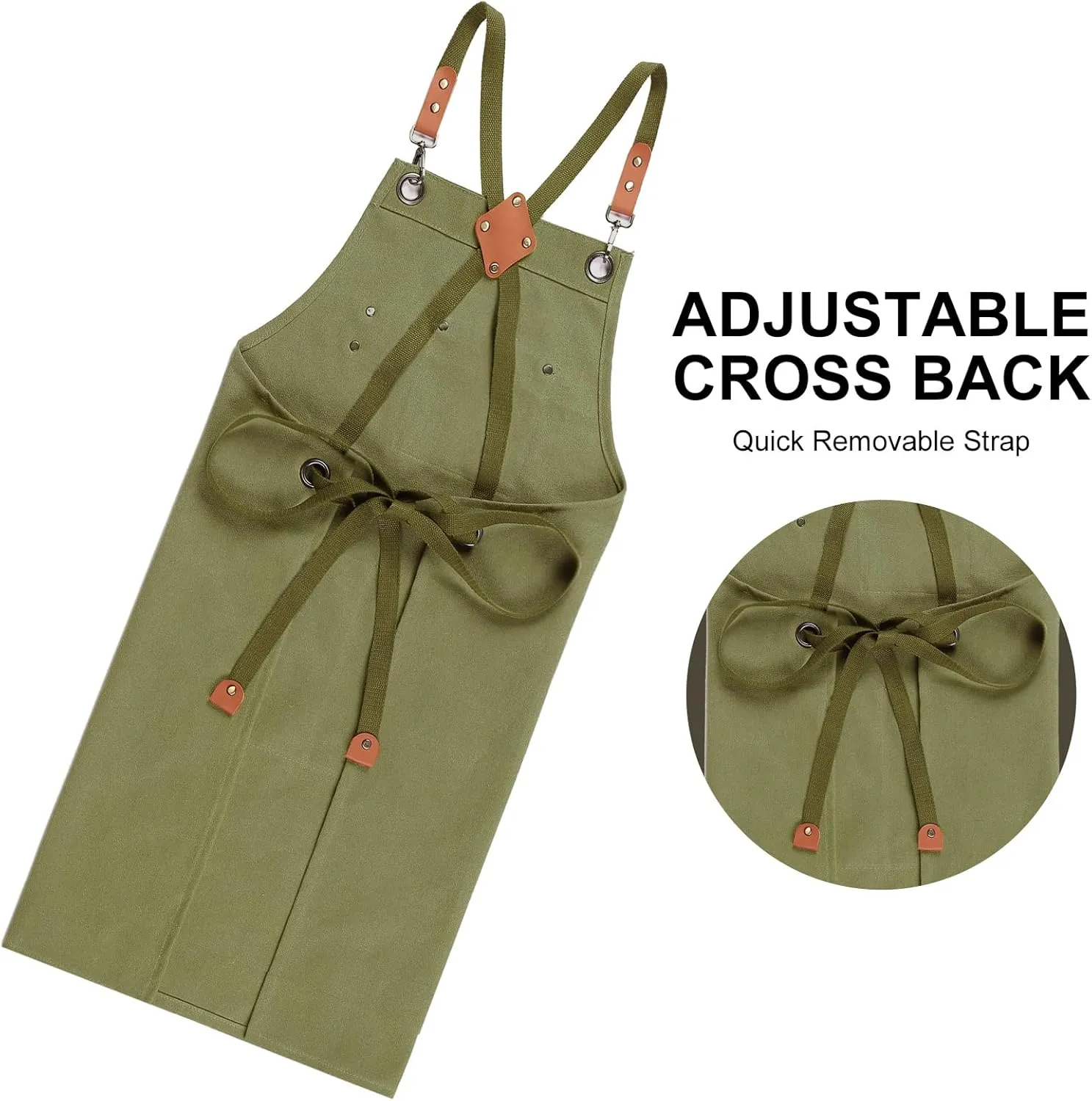 Chef Apron for Women Men with Large Pockets, Cotton Canvas Cross Back Waterproof Work Aprons for Kitchen Cooking Bib (Greygreen)