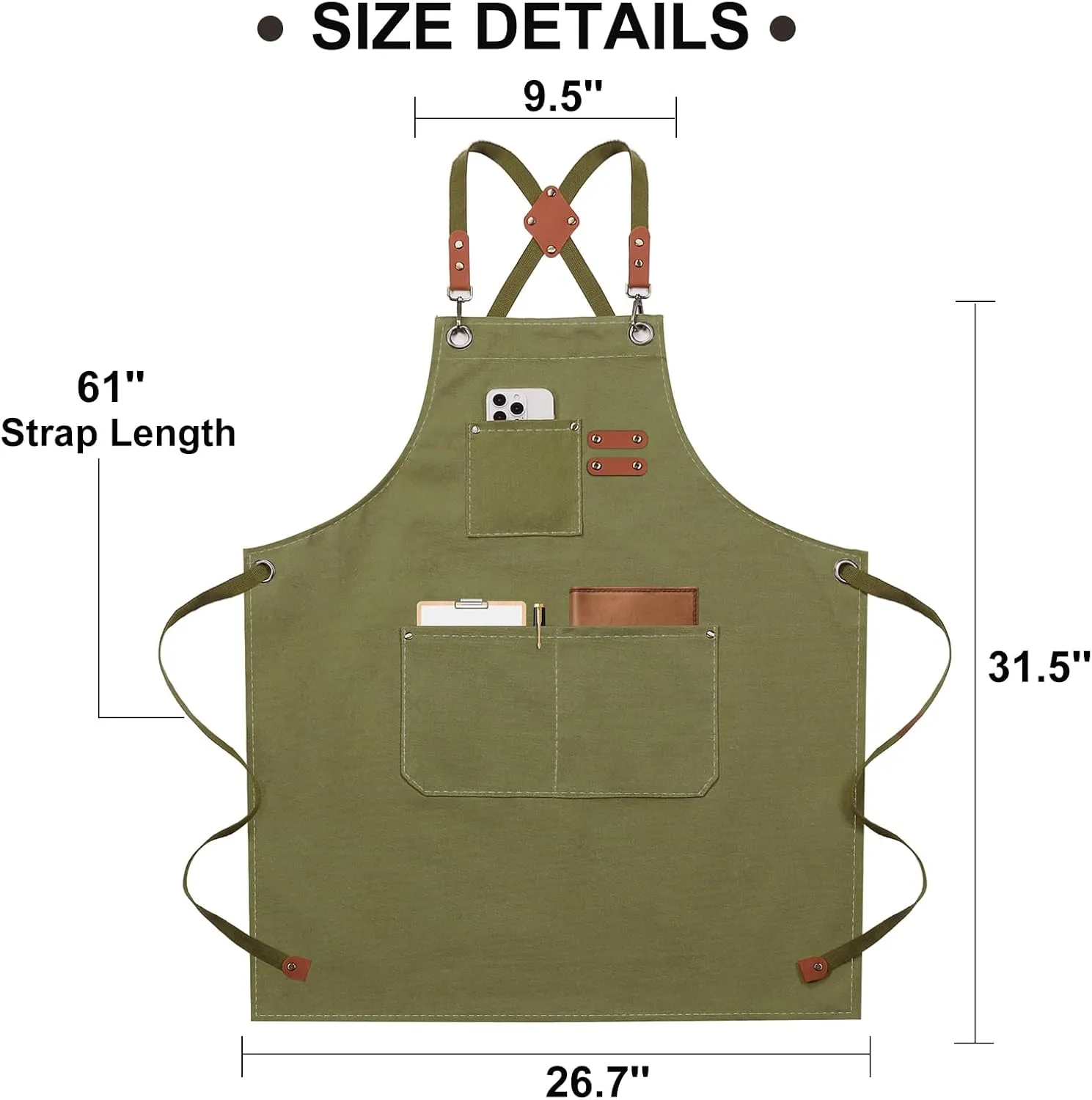 Chef Apron for Women Men with Large Pockets, Cotton Canvas Cross Back Waterproof Work Aprons for Kitchen Cooking Bib (Greygreen)