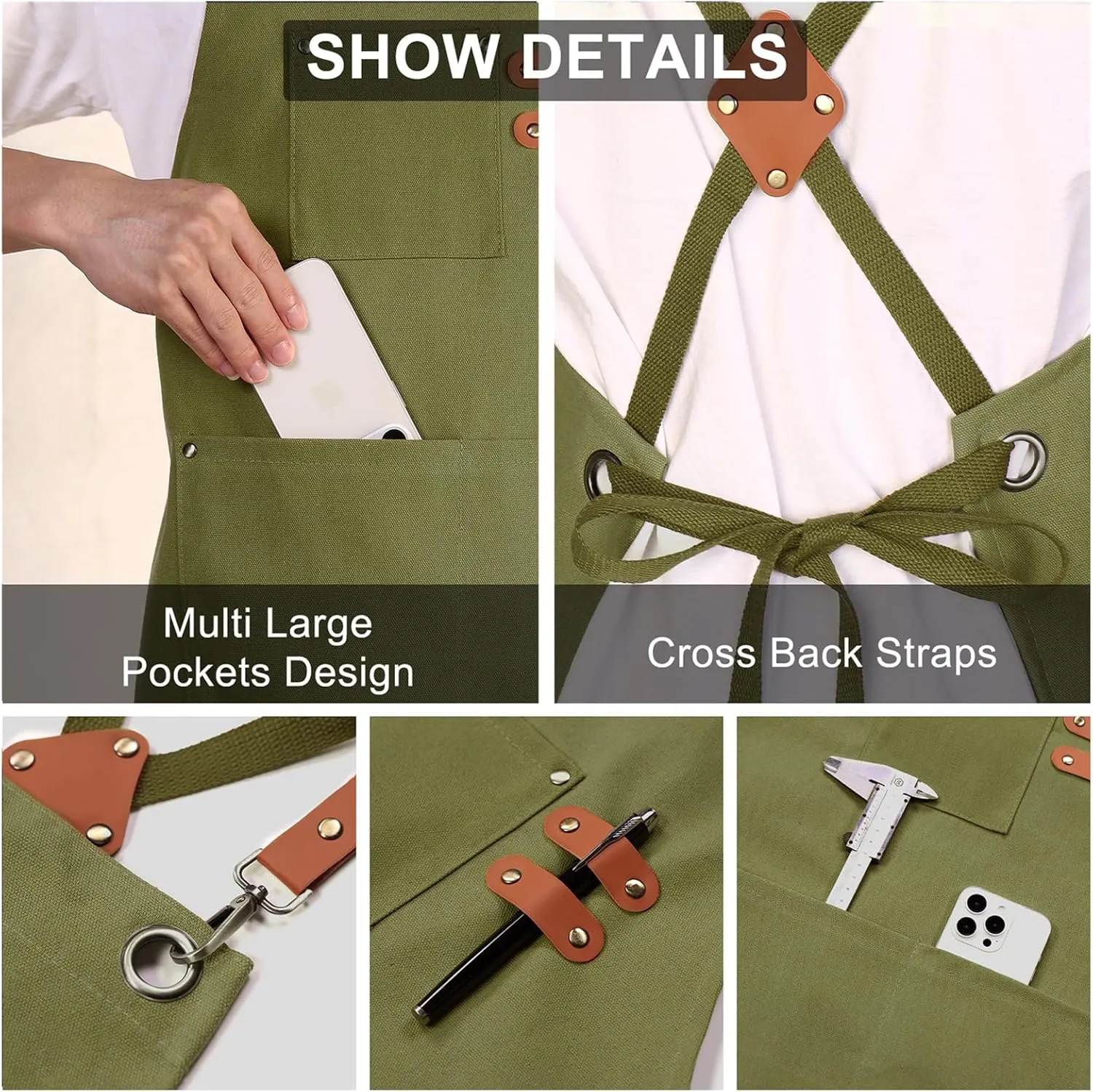 Chef Apron for Women Men with Large Pockets, Cotton Canvas Cross Back Waterproof Work Aprons for Kitchen Cooking Bib (Greygreen)
