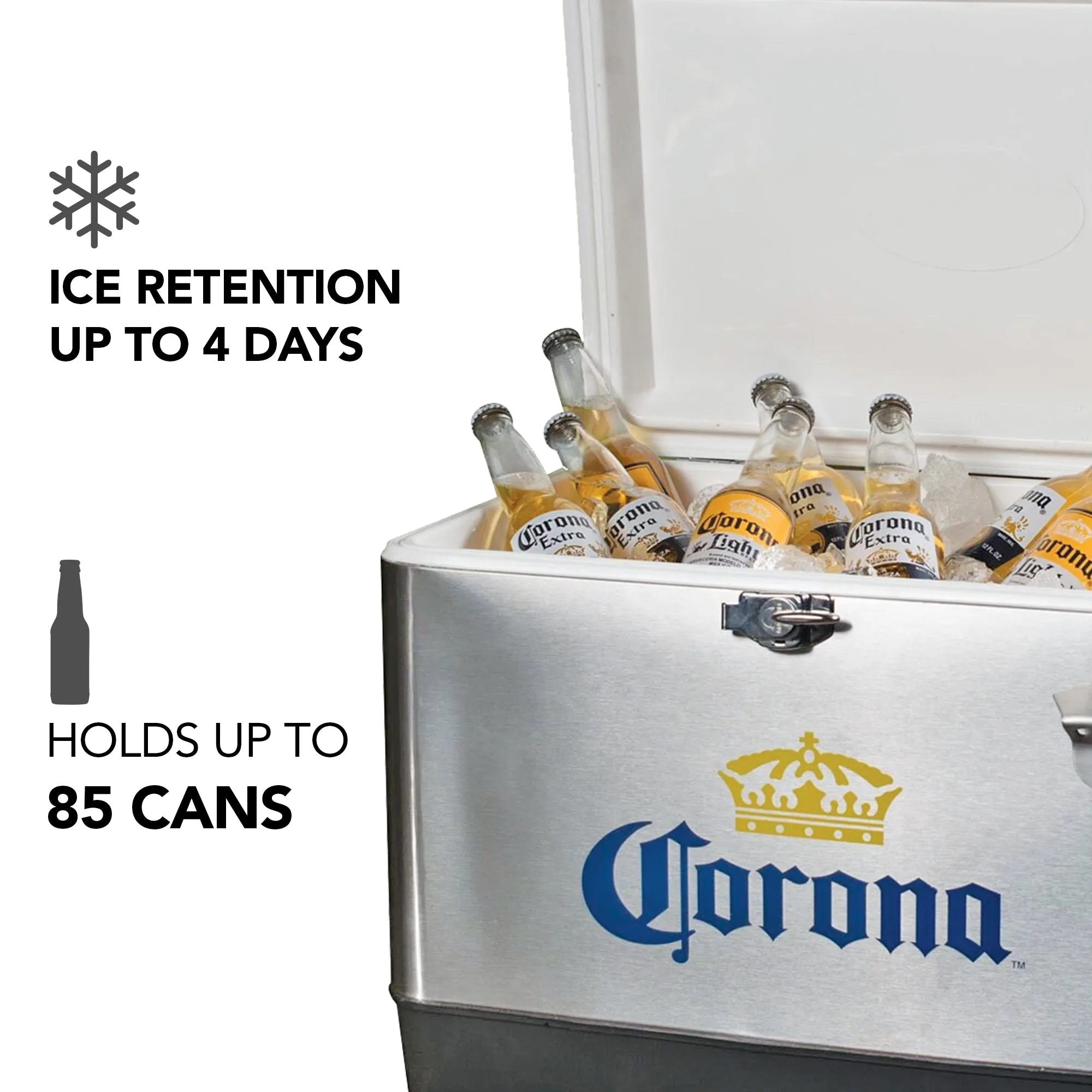 Corona Ice Chest Beverage Cooler with Bottle Opener, 51L (54 qt), 85 Can Stainless Steel Portable Cooler, Silver and Black, for Camping, Beach, RV, BBQs, Tailgating, Fishing