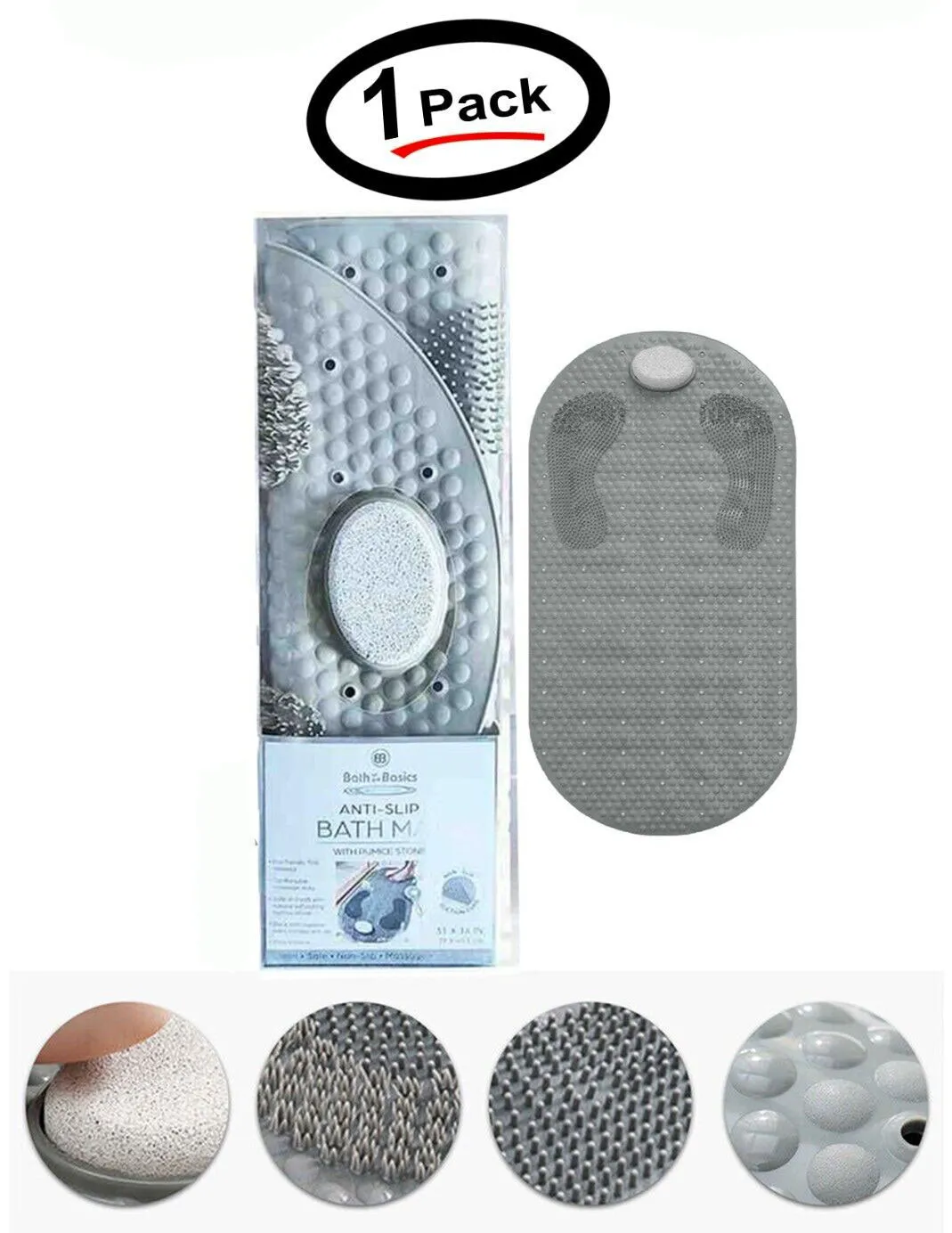 Foot Scrubber Shower Mat 31" X 16" Non Slip With Pumice Stone  Suction Cup & Drain Hole (1 Pack)