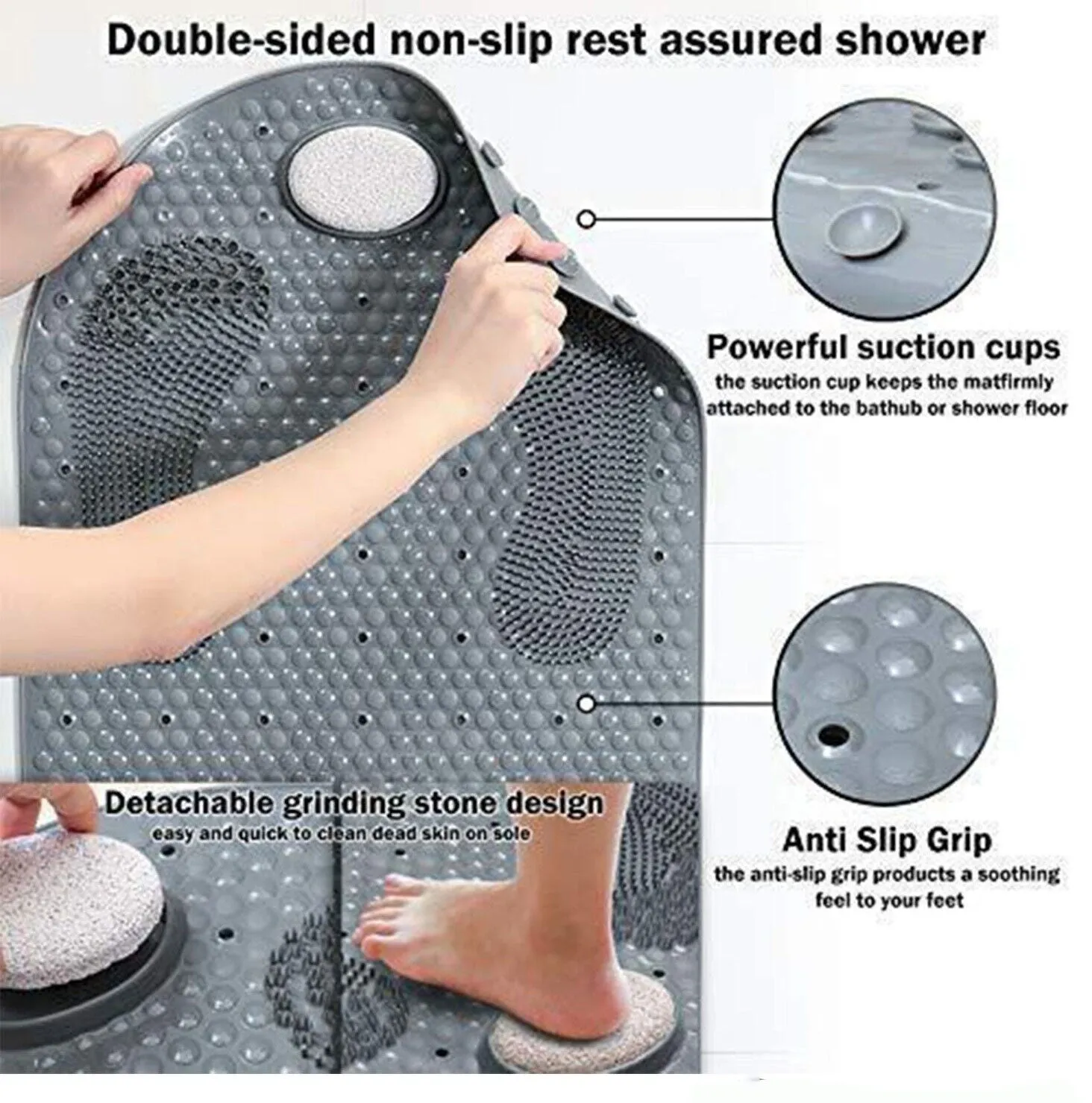 Foot Scrubber Shower Mat 31" X 16" Non Slip With Pumice Stone  Suction Cup & Drain Hole (1 Pack)