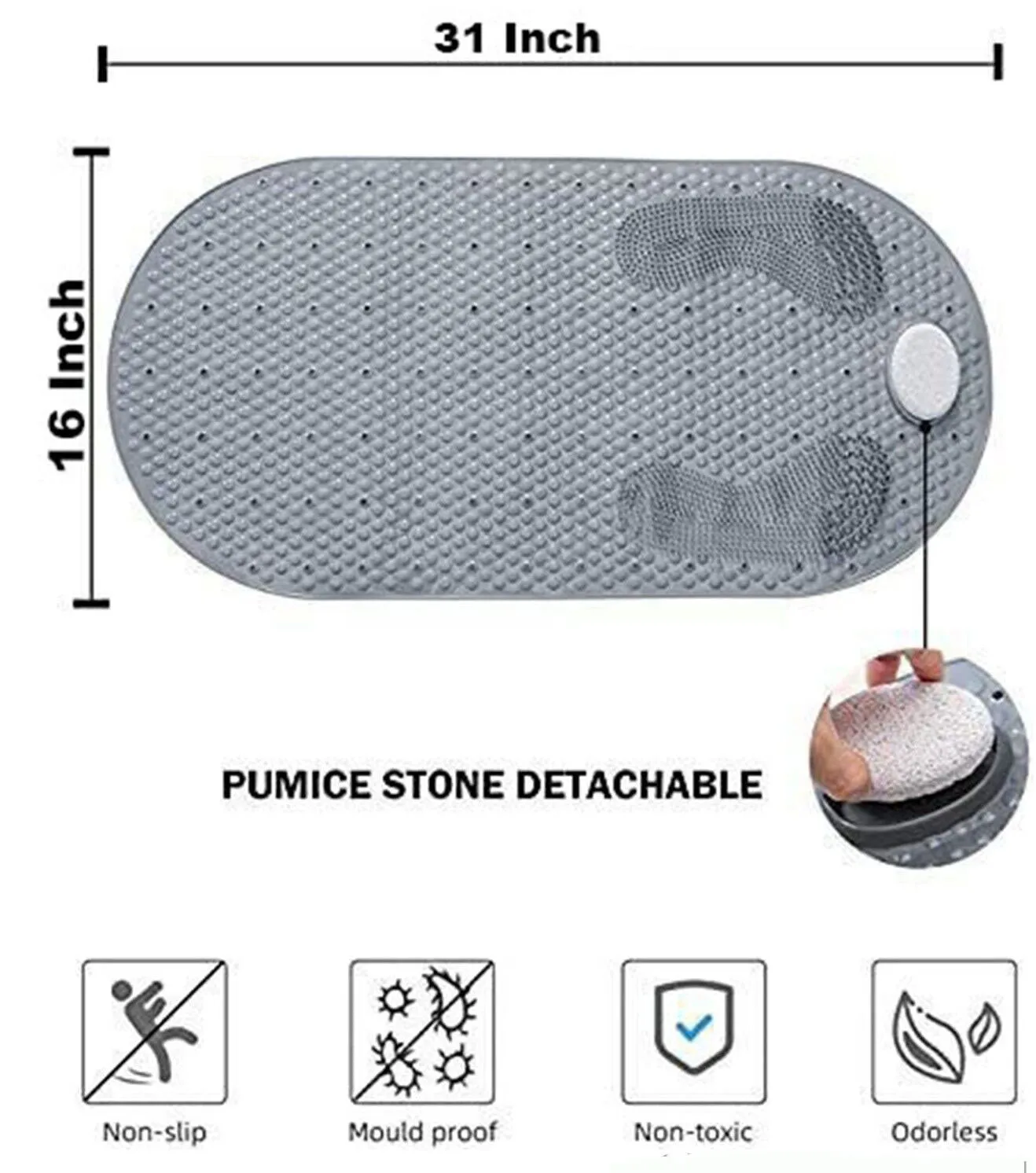 Foot Scrubber Shower Mat 31" X 16" Non Slip With Pumice Stone  Suction Cup & Drain Hole (1 Pack)