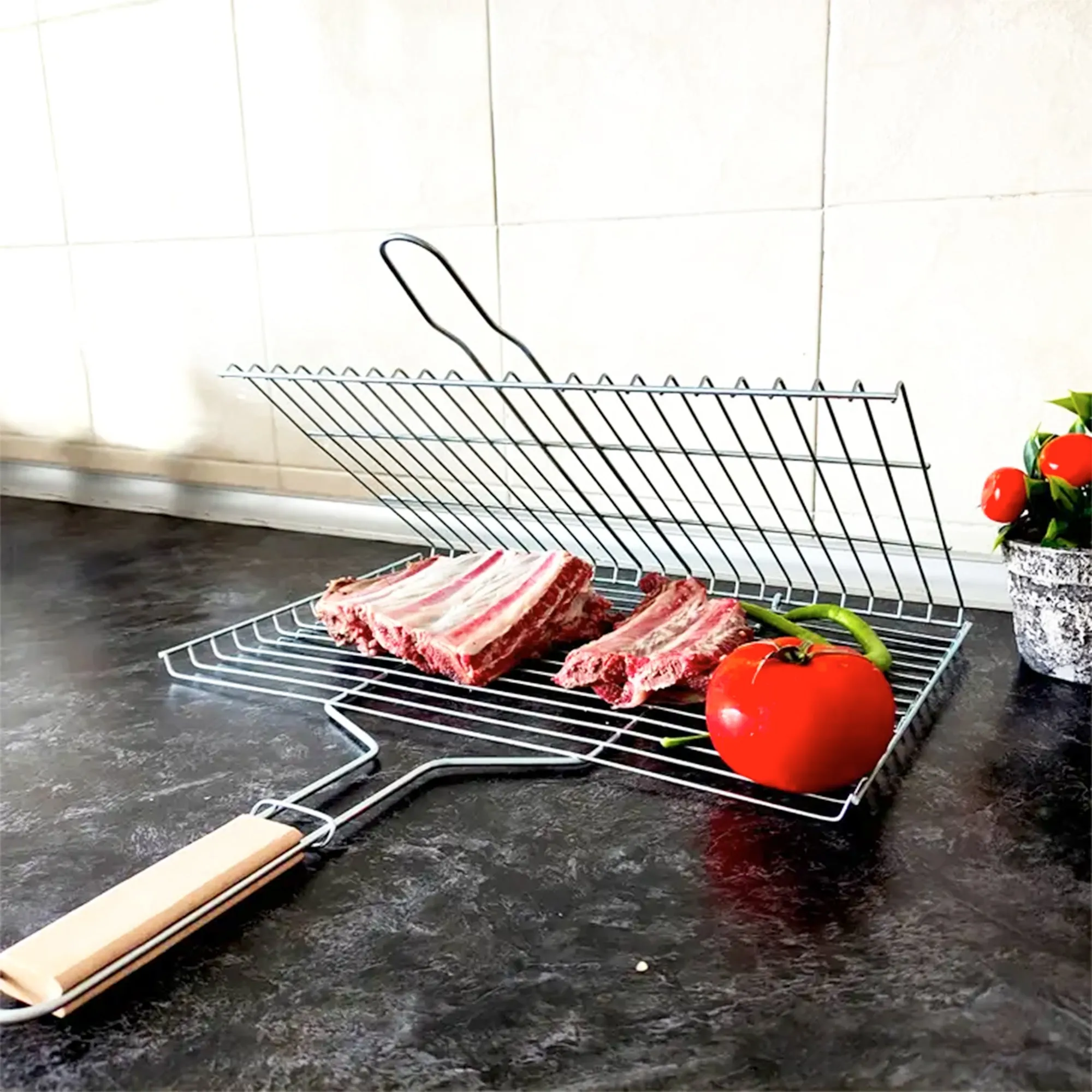 Hakan Grill Basket for Outdoor BBQ Basket with Wooden Handle
