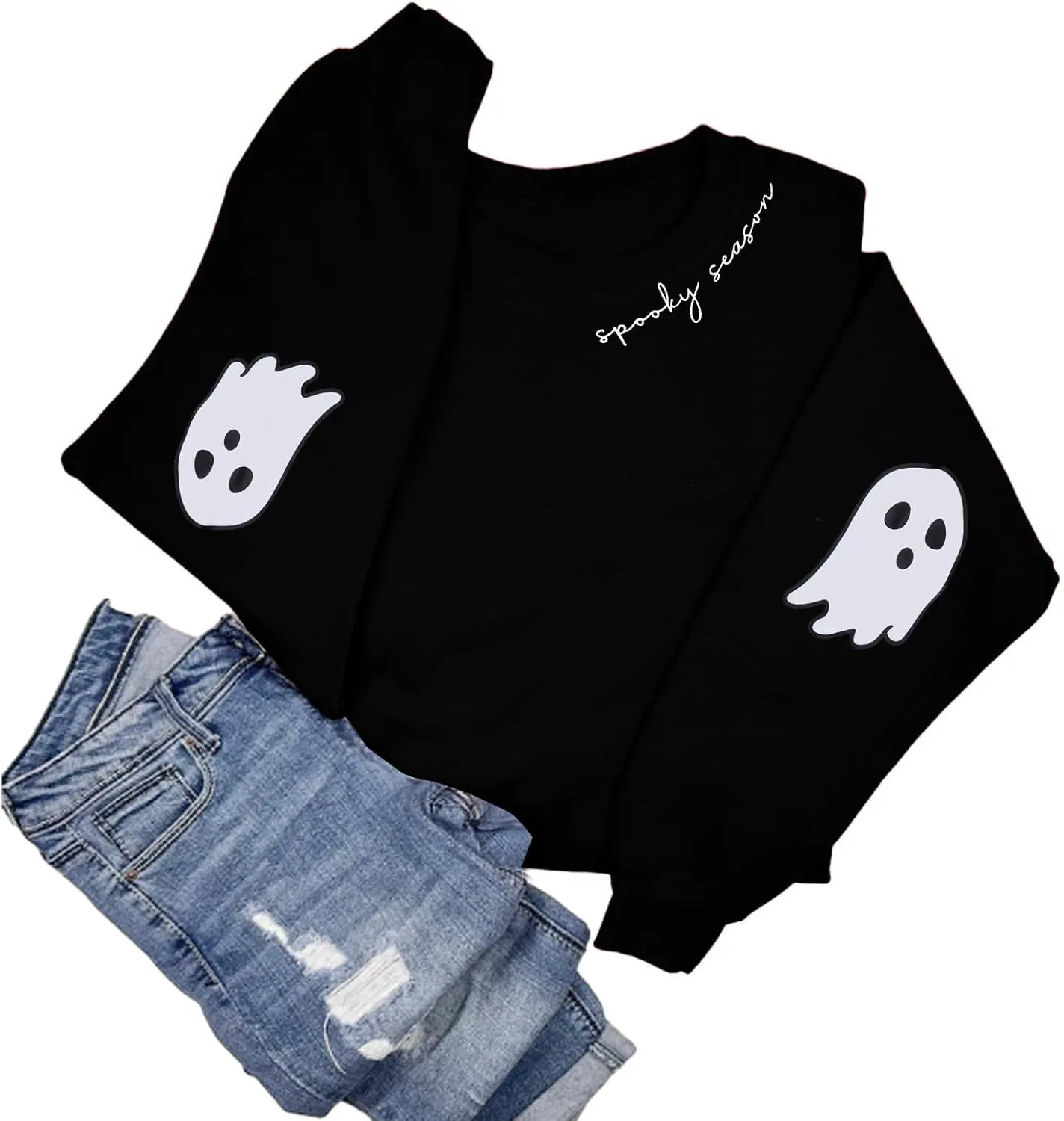 HEBBE Spooky Season Sweatshirts Halloween Ghost Sweatshirt Women - Halloween Graphic Crewneck Tops Casual Sweater
