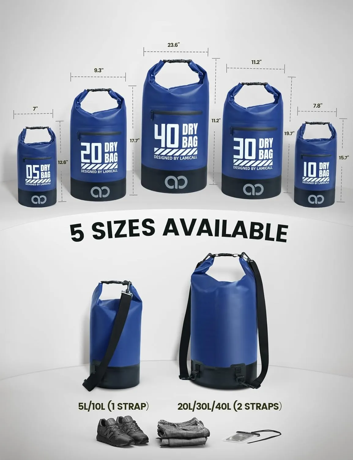 Lamicall Dry Bag Waterproof Backpack - [Zippered Pocket] 5L/10L/20L/30L/40L Roll Top Waterproof Bag with Water Proof Phone Case, Floatable Drybag for Swimming, Boating, Kayaking, Camping, Beach