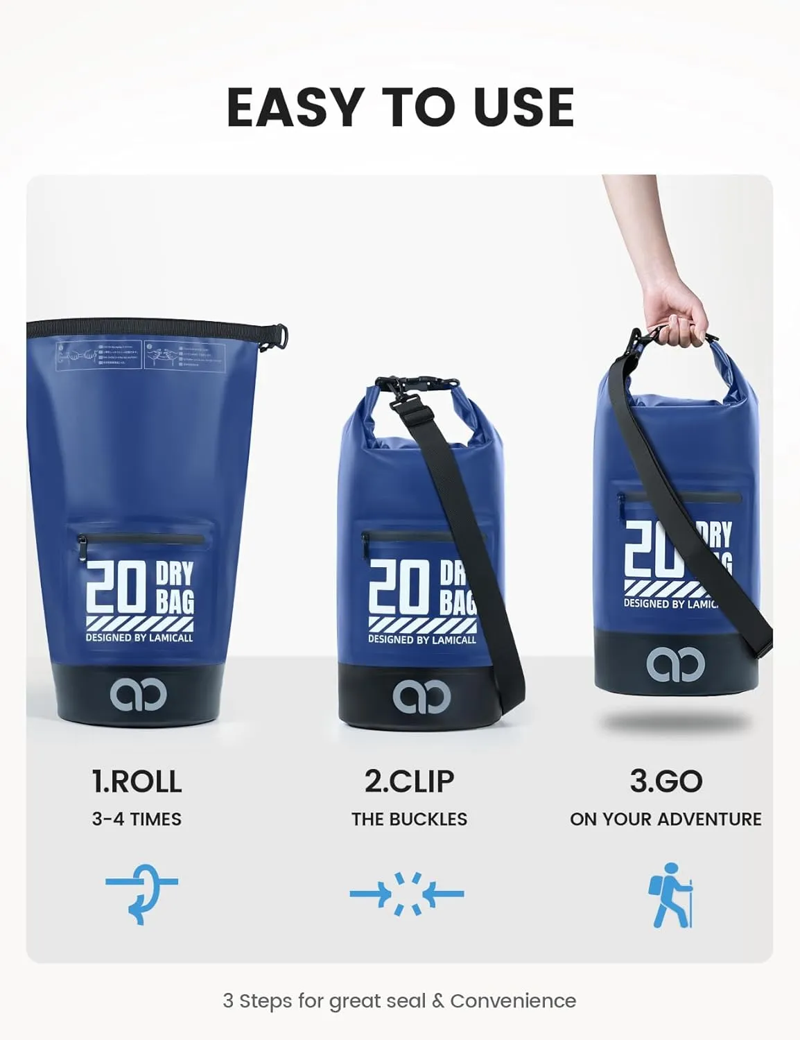 Lamicall Dry Bag Waterproof Backpack - [Zippered Pocket] 5L/10L/20L/30L/40L Roll Top Waterproof Bag with Water Proof Phone Case, Floatable Drybag for Swimming, Boating, Kayaking, Camping, Beach