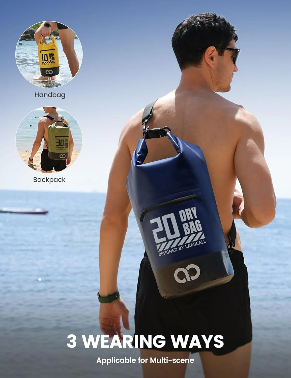 Lamicall Dry Bag Waterproof Backpack - [Zippered Pocket] 5L/10L/20L/30L/40L Roll Top Waterproof Bag with Water Proof Phone Case, Floatable Drybag for Swimming, Boating, Kayaking, Camping, Beach