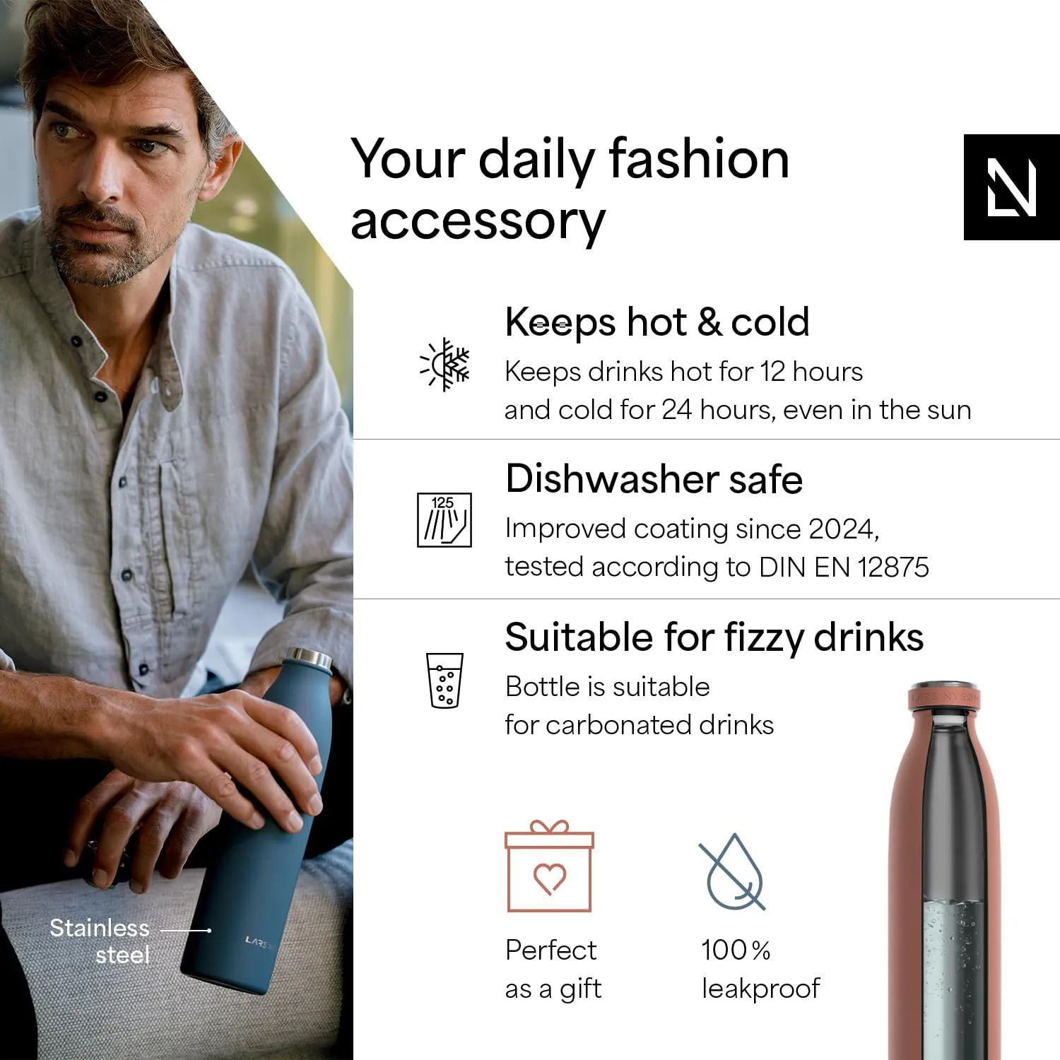 LARS NYSM Stainless Steel Insulated Water Bottle 12 oz 17 oz 25 oz 34 oz 51 oz | Insulated Thermo Flask for Hot and Cold Beverages | Leakproof Drinking Bottle (Brick Red, 25.4 oz)