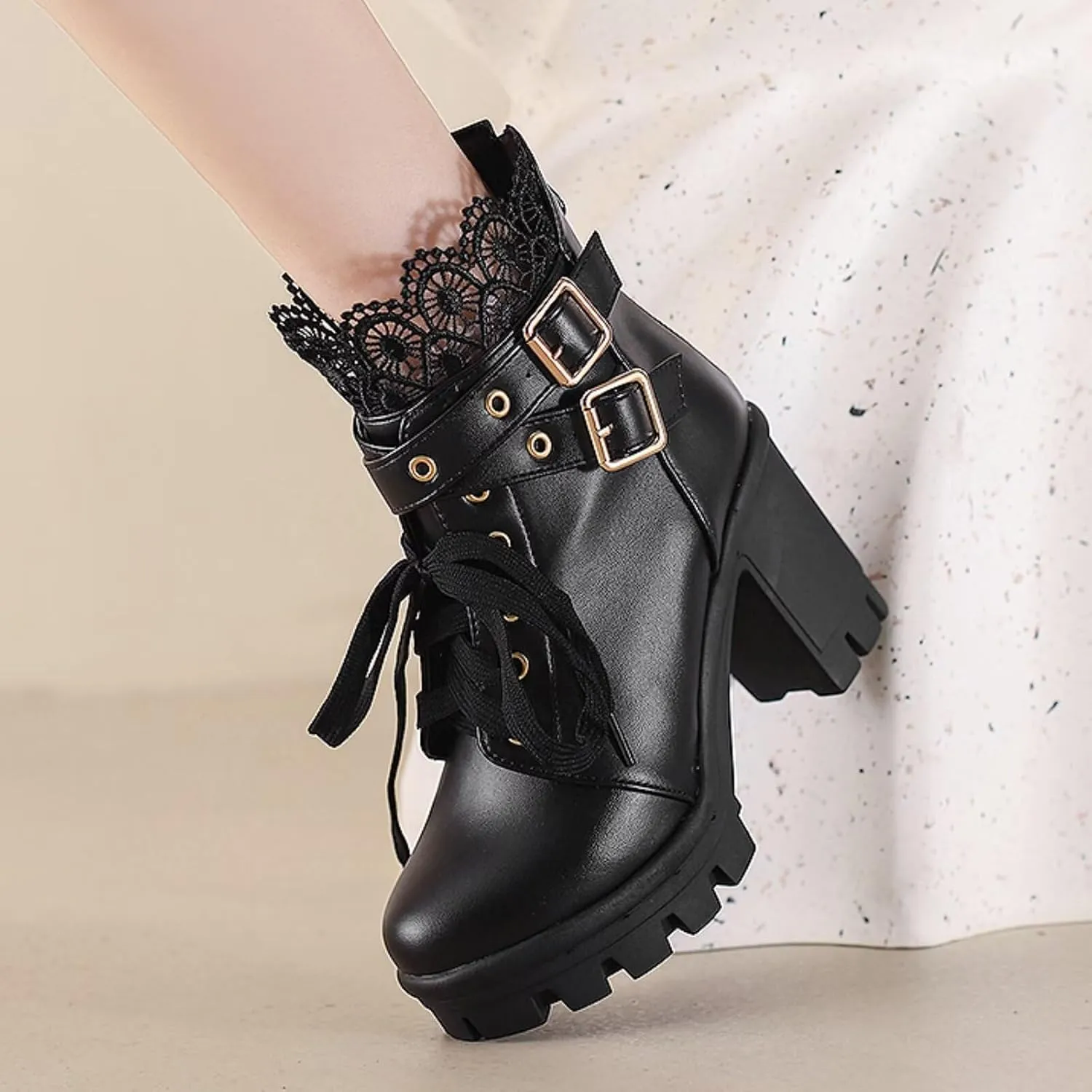 MEOTINA Goth Platform Boots Lace Buckle Gothic Cosplay Booties Chunky High Heels Ankle Boots Zipper Punk Shoes