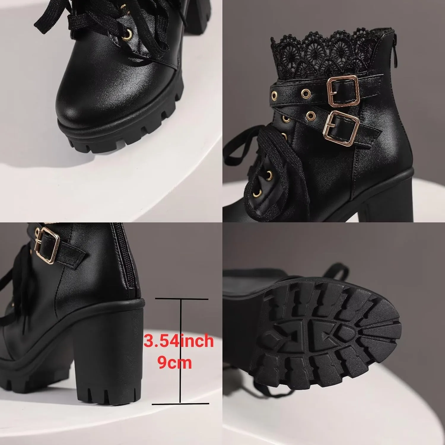 MEOTINA Goth Platform Boots Lace Buckle Gothic Cosplay Booties Chunky High Heels Ankle Boots Zipper Punk Shoes