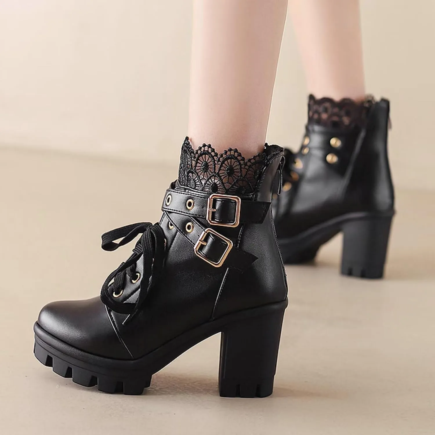 MEOTINA Goth Platform Boots Lace Buckle Gothic Cosplay Booties Chunky High Heels Ankle Boots Zipper Punk Shoes
