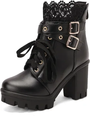 MEOTINA Goth Platform Boots Lace Buckle Gothic Cosplay Booties Chunky High Heels Ankle Boots Zipper Punk Shoes