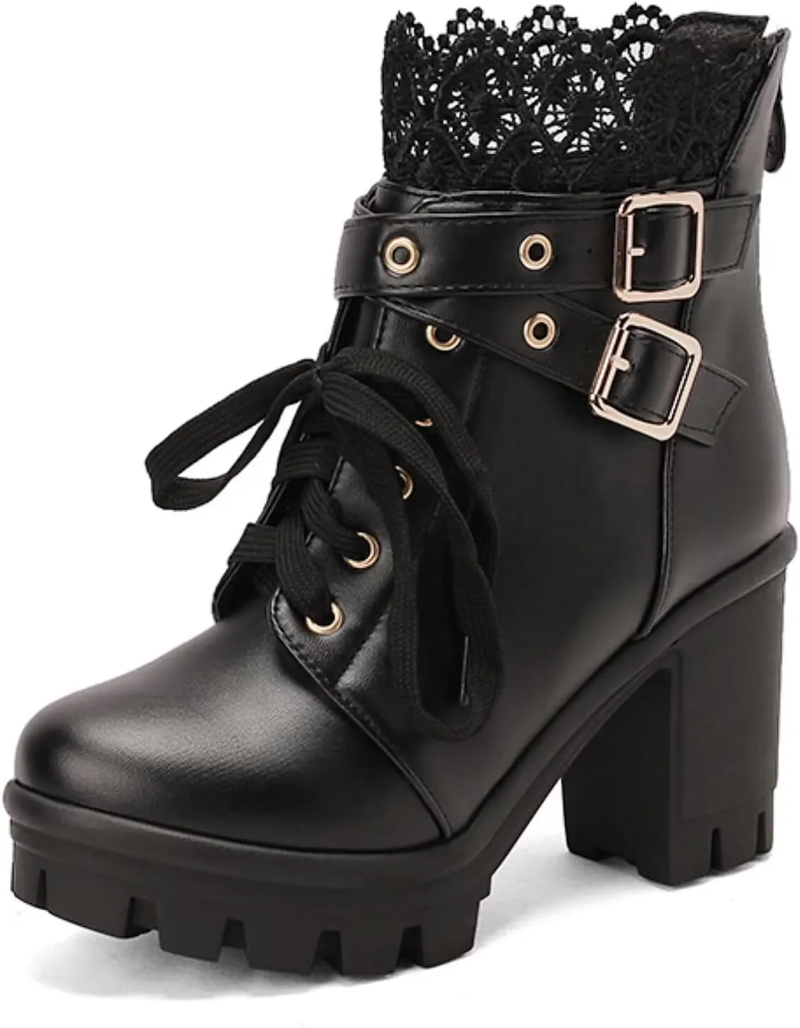 MEOTINA Goth Platform Boots Lace Buckle Gothic Cosplay Booties Chunky High Heels Ankle Boots Zipper Punk Shoes