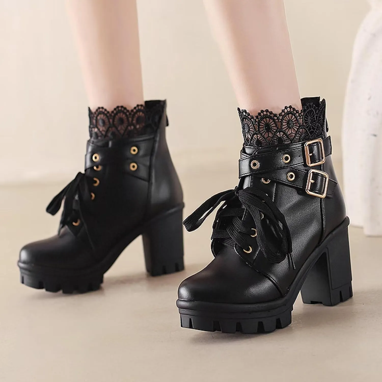 MEOTINA Goth Platform Boots Lace Buckle Gothic Cosplay Booties Chunky High Heels Ankle Boots Zipper Punk Shoes
