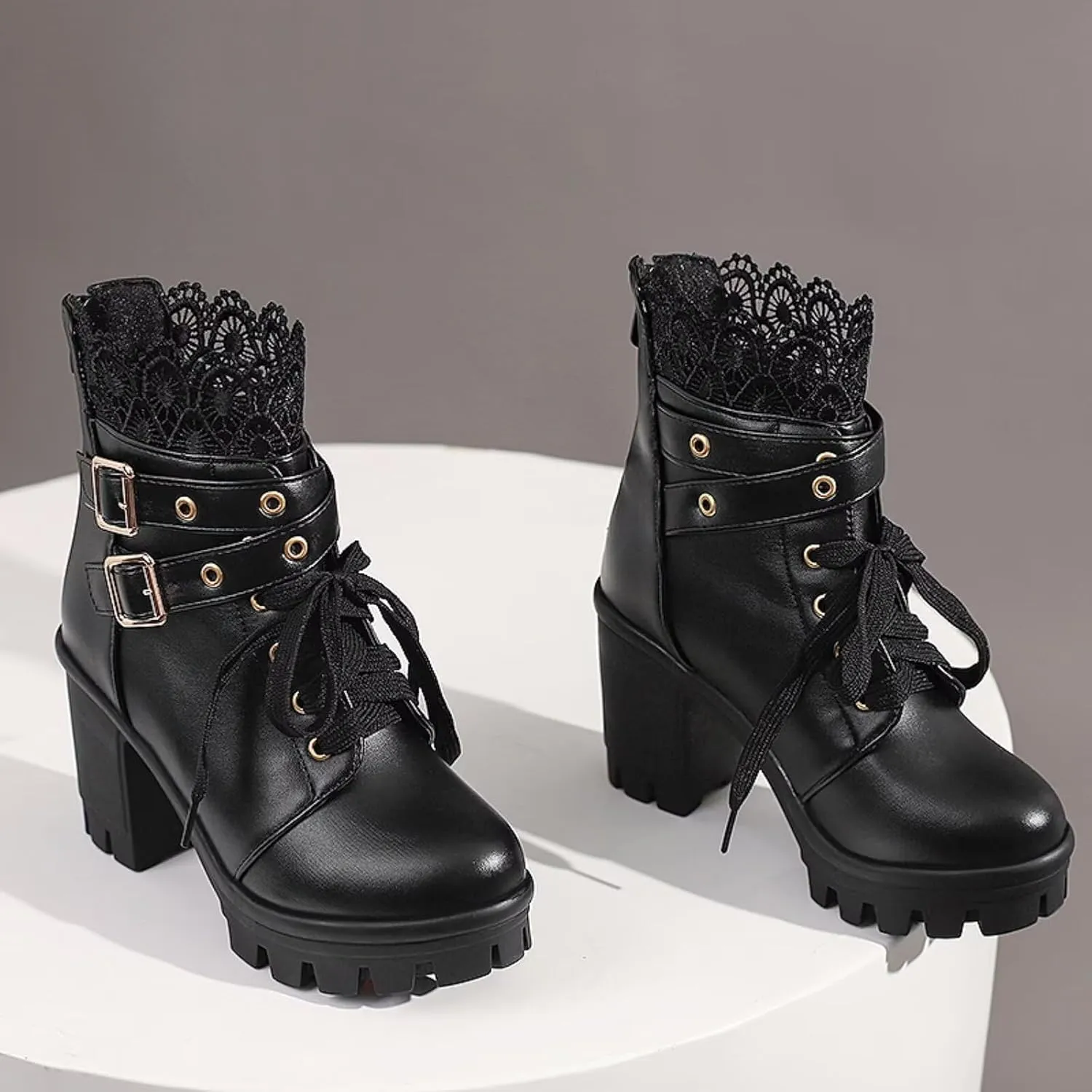 MEOTINA Goth Platform Boots Lace Buckle Gothic Cosplay Booties Chunky High Heels Ankle Boots Zipper Punk Shoes