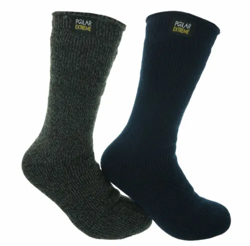 Polar Extreme Men's 2 Pair Thermal insulated Fleece Crew Socks Navy Gray Marl