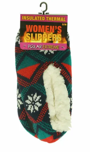 Polar Extreme Women's Insulated Thermal Fleece Lined Slippers Socks Navy Red