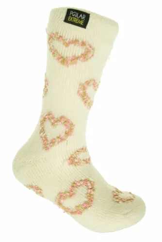Polar Extreme Women's Thermal Insulated Lined Crew Socks Ivory Pink Hearts
