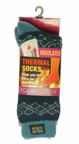 Polar Extreme Women's Thermal Insulated Lined Socks Ivory Blue Diamond Stripes