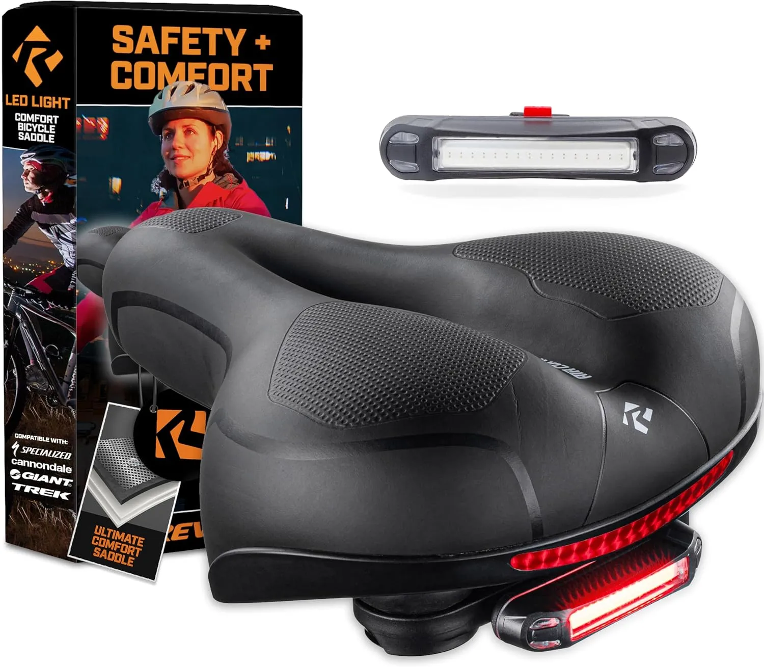 Revere Memory Foam Wide Bike Seat with Rear Safety LED Light  Comfortable Bicycle Saddle for Men & Women, Waterproof, Shock Absorbing, Ergonomic Cushion for Road, Mountain, Cruiser & Exercise Bikes