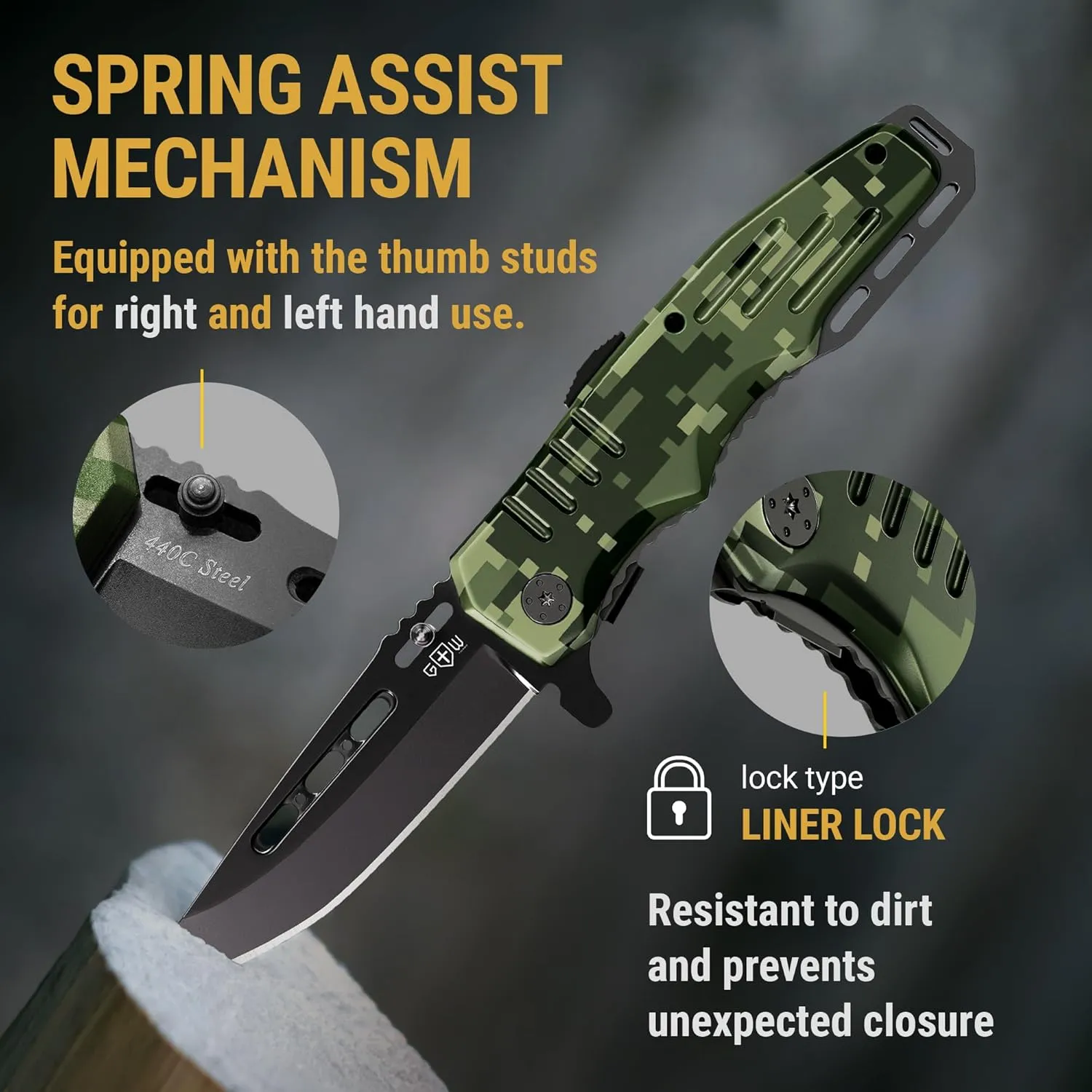 Spring Assisted Knife for Men - Pocket Folding Blade Saw - Military Style - Good for Tactical Camping Hunting Survival Indoor and Outdoor Activities - Cool Mens Gifts for Birthday Anniversary 6681 N