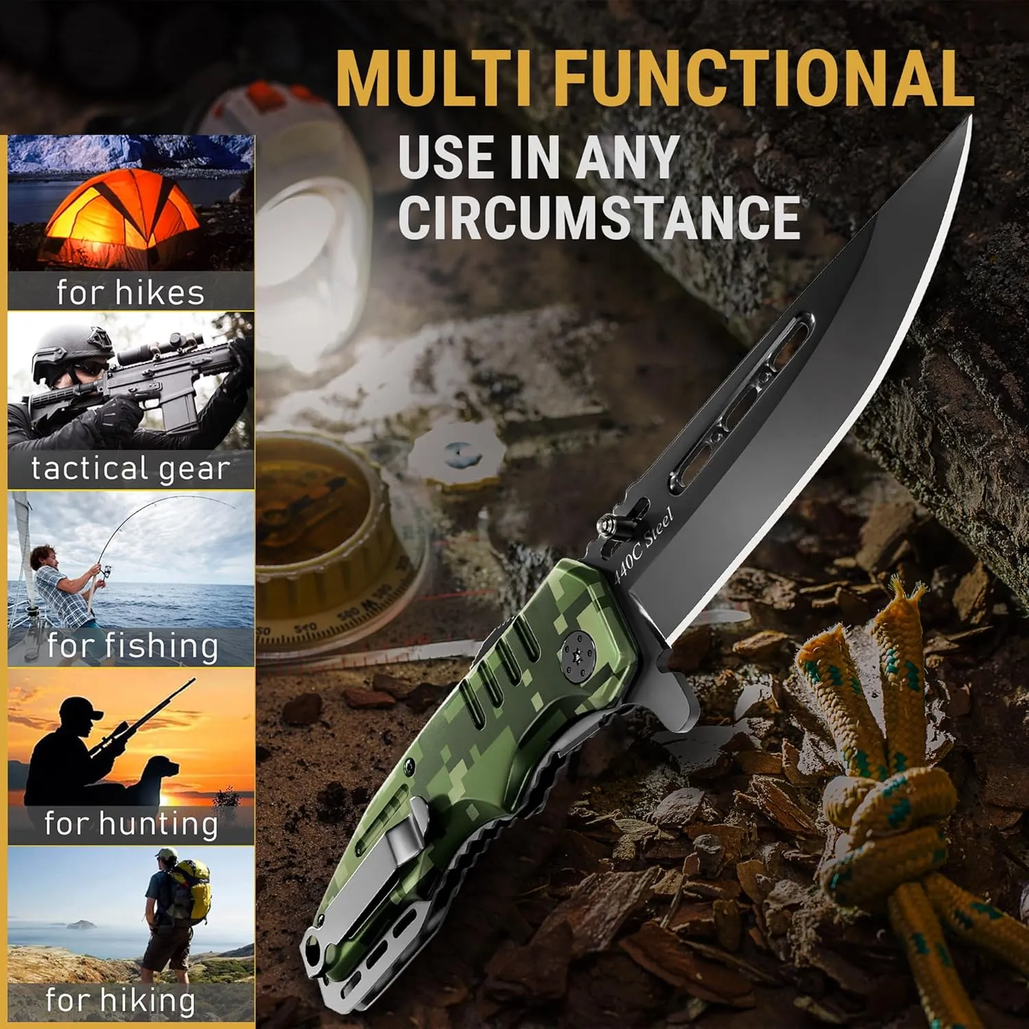 Spring Assisted Knife for Men - Pocket Folding Blade Saw - Military Style - Good for Tactical Camping Hunting Survival Indoor and Outdoor Activities - Cool Mens Gifts for Birthday Anniversary 6681 N