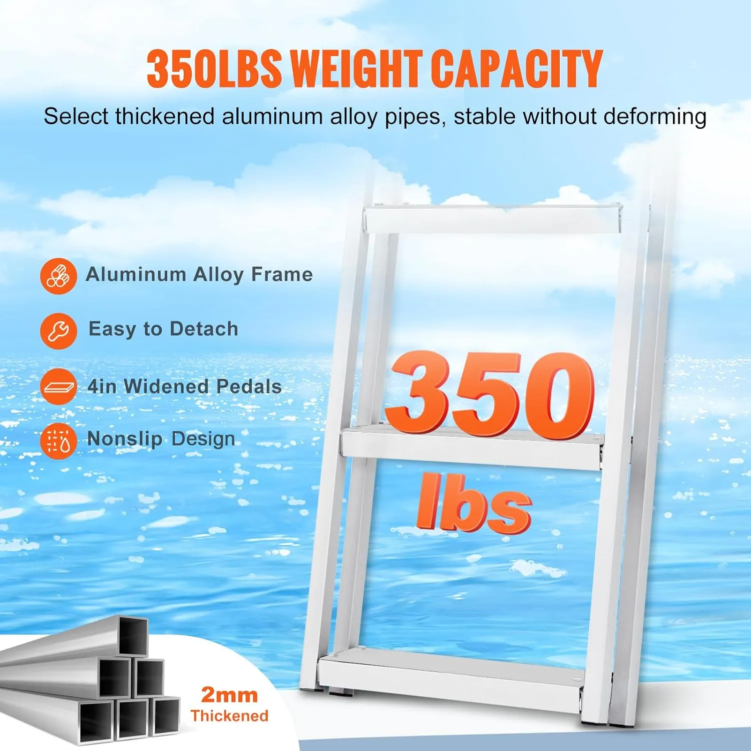 VEVOR Removable Dock Ladder 3/4/5 Steps, 350/500lbs Load Capacity, Aluminum Swim Ladders, Pontoon Boat Ladder with Nonslip Design for Lake, Marine Boarding, Pool