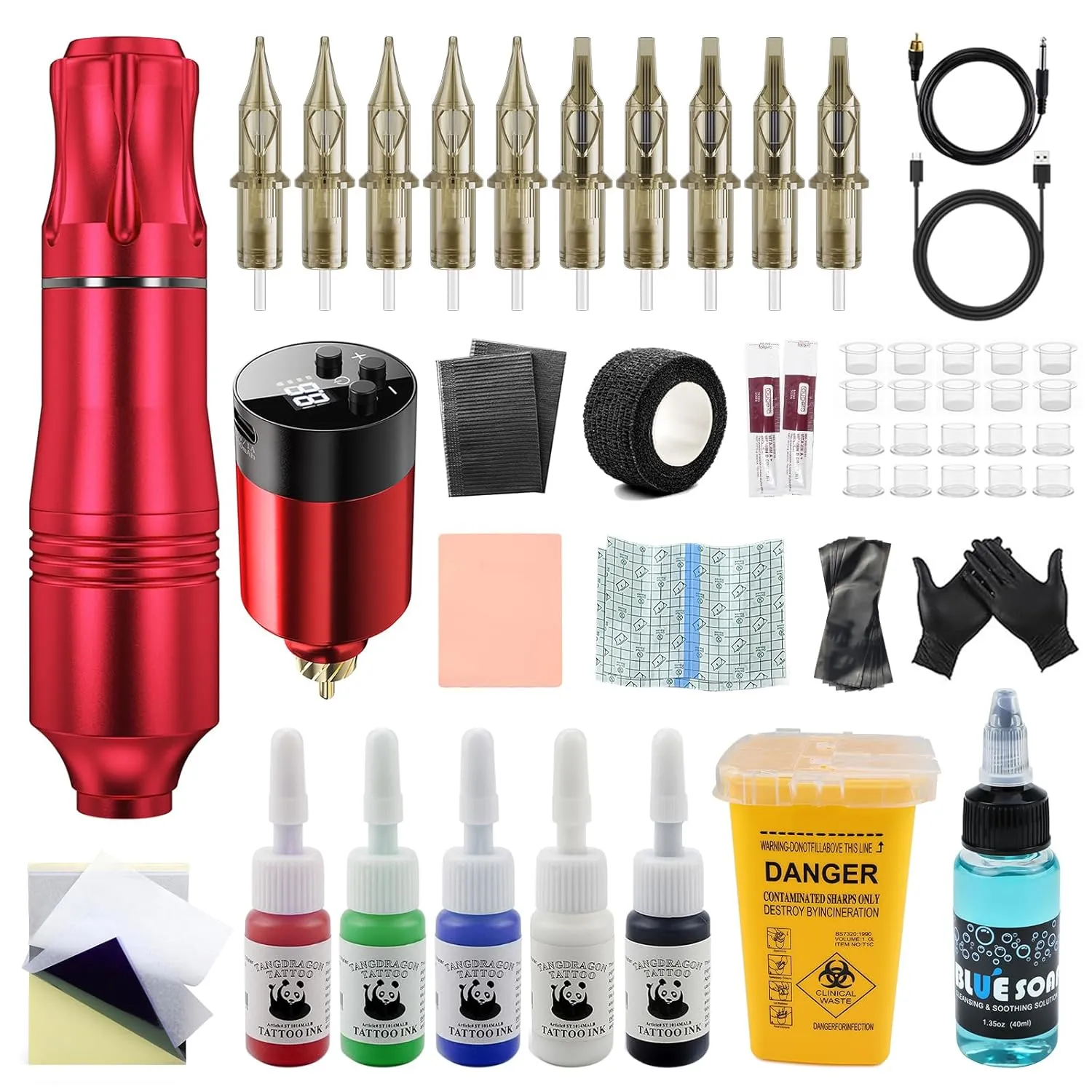 Wireless Tattoo Gun Kit for Beginners - Rotary Machine Set with 1500mAh 2H Fast-Charge Battery & RCA Supply - Portable All-in-One Tattoo Equipment Complete with Ink & Needles (Kulwoyi)