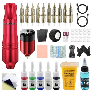 Wireless Tattoo Gun Kit for Beginners - Rotary Machine Set with 1500mAh 2H Fast-Charge Battery & RCA Supply - Portable All-in-One Tattoo Equipment Complete with Ink & Needles (Kulwoyi)