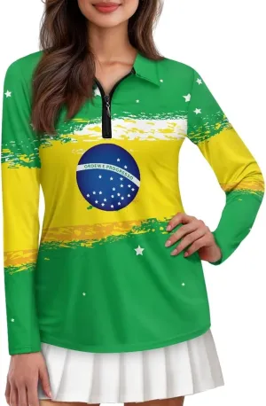 Women's Golf Polo Shirts Long Sleeve V Neck Tennis Shirt Quarter Zip Pullover Running Tops for Ladies XS-XXL