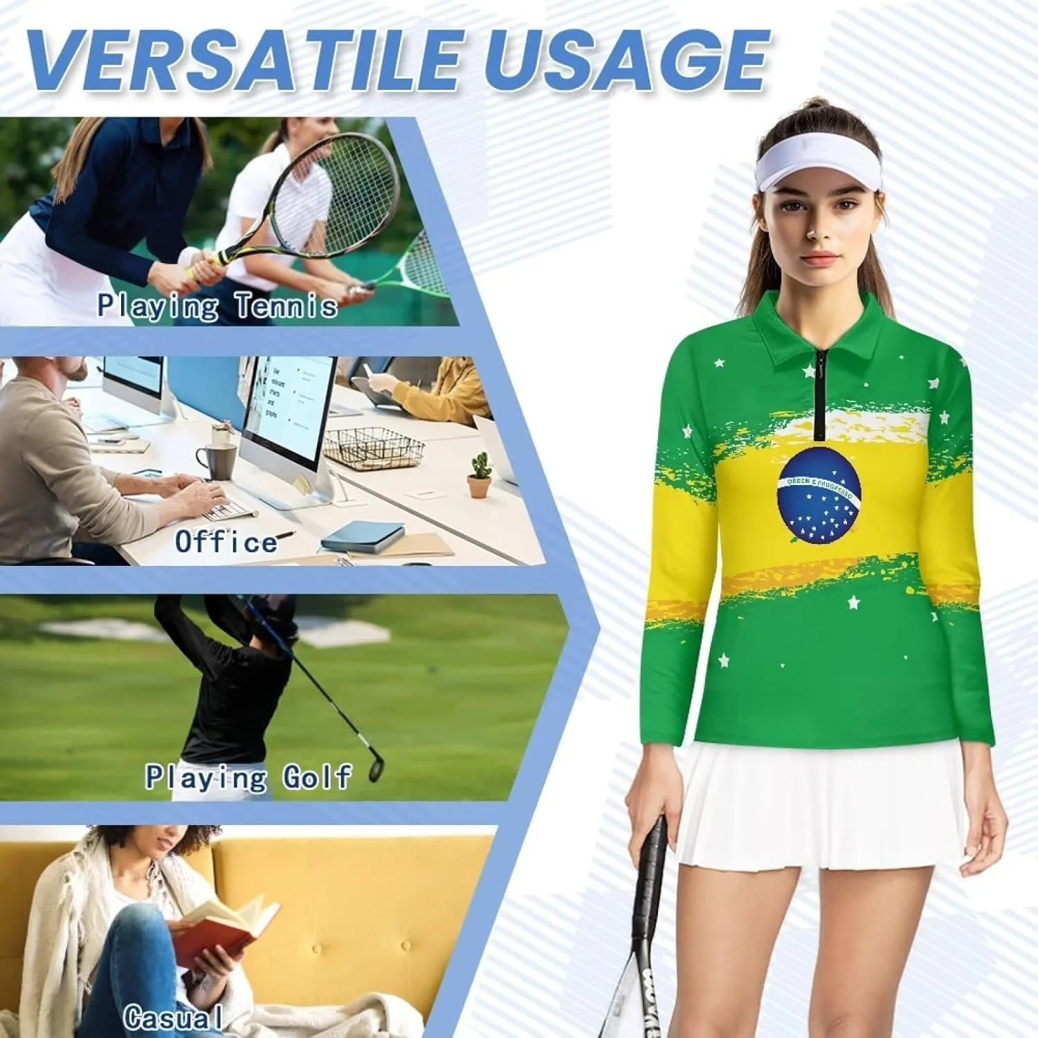 Women's Golf Polo Shirts Long Sleeve V Neck Tennis Shirt Quarter Zip Pullover Running Tops for Ladies XS-XXL