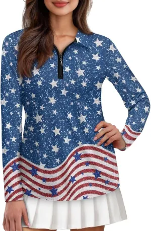 Women's Golf Polo Shirts Long Sleeve V Neck Tennis Shirt Quarter Zip Pullover Running Tops for Ladies XS-XXL