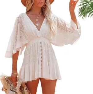 Women's lace Crochet Romper Dress, Batwing Sleeve Backless Ruffle Dresses, Buttons Down Swing Beach